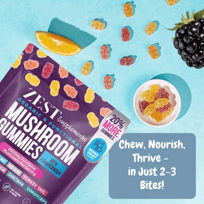 Zest Supplements Organic Mushroom Gummies with Ashwagandha for brain support. Packed with Lion's Mane, Reishi, and Cordyceps for cognitive health and stress relief.