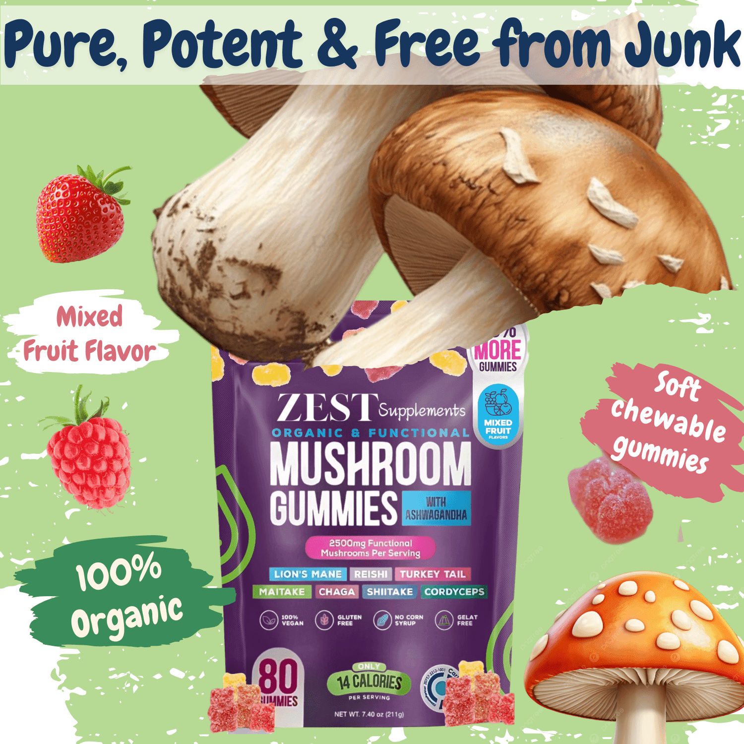 Zest Supplements Organic Mushroom Gummies with Ashwagandha for brain support. Features Lion's Mane, Reishi, and Turkey Tail. 100% organic, mixed fruit flavor, and soft chewable gummies.