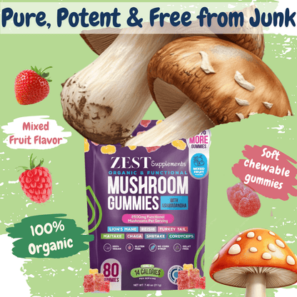 Zest Supplements Organic Mushroom Gummies with Ashwagandha for brain support. Features Lion's Mane, Reishi, and Turkey Tail. 100% organic, mixed fruit flavor, and soft chewable gummies.