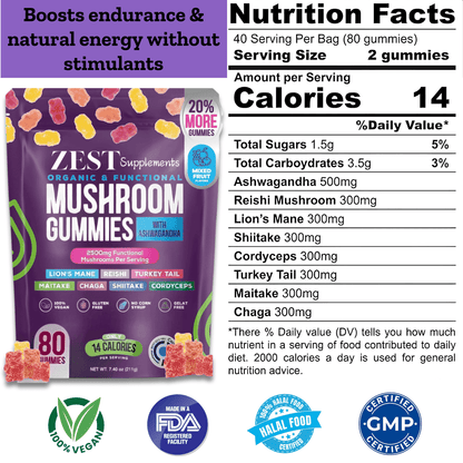Zest Supplements Organic Mushroom Gummies with Ashwagandha for brain support, endurance, and stress relief. Contains Lion's Mane, Reishi, Cordyceps, and more.