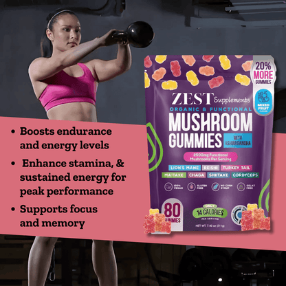 Zest Supplements Organic Mushroom Gummies with Ashwagandha for brain support, endurance, and energy. Contains Lion's Mane, Reishi, and Cordyceps for cognitive function and stress relief.