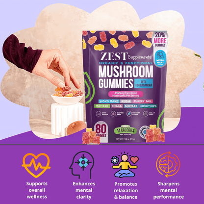 Zest Organic Mushroom Gummies with Ashwagandha for brain support. Infused with Lion's Mane, Reishi, and Cordyceps to enhance focus, memory, and stress relief.